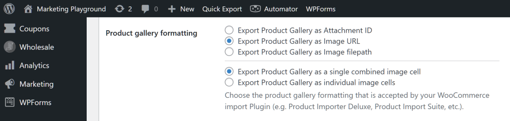 The WordPress dashboard, showing Store Exporter Deluxe's Export Options, with a focus on the options for how product images and product galleries are formatted