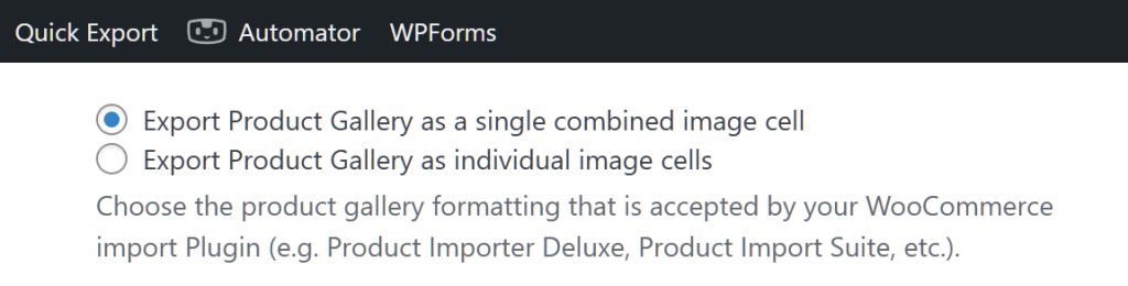 The WordPress dashboard, showing Store Exporter Deluxe's Export Options, with a focus on the options for how product images and product galleries are formatted