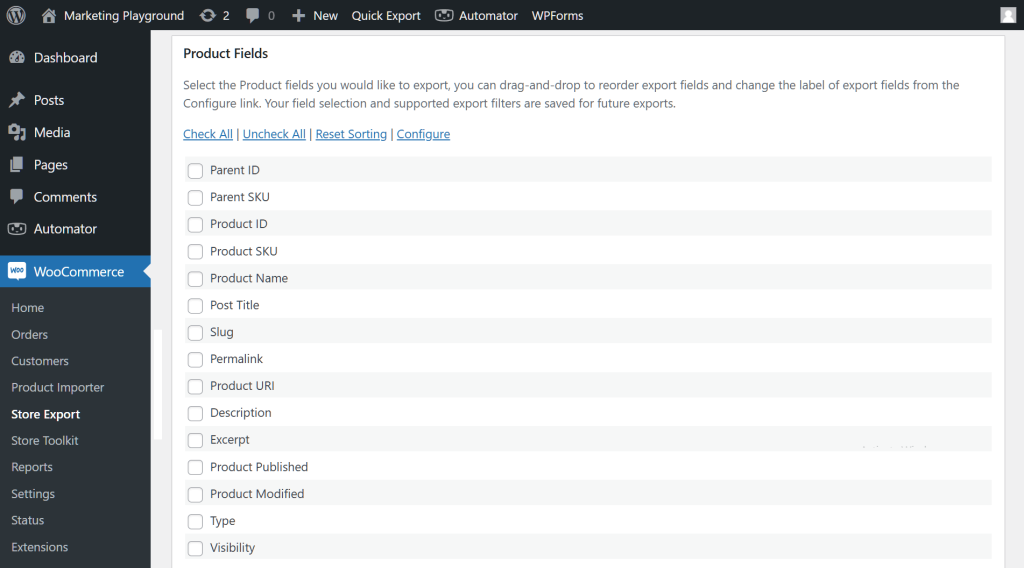 The WordPress dashboard, showing Store Exporter Deluxe's Product Fields section which contains a list of fields