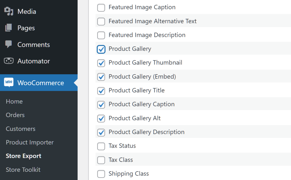 A screencap of the WordPress dashboard, showing Store Exporter Deluxe's Quick Export section, with a focus on the selection of WooCommerce Product Gallery data