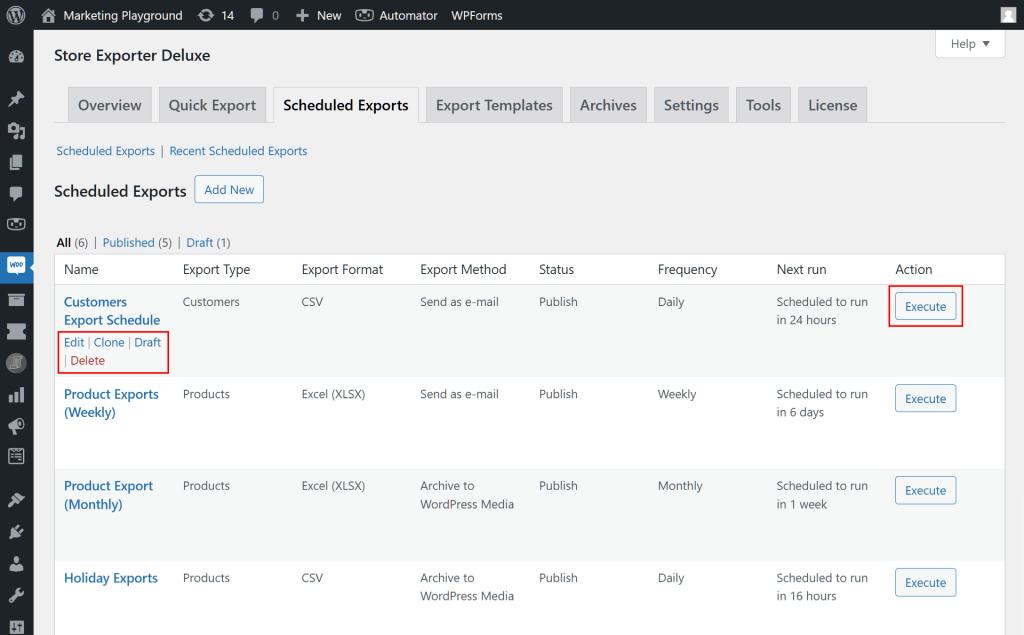 The WordPress dashboard, showing  Store Exporter Deluxe's Scheduled Exports page, complete with a table of export schedules, and with the options to edit, clone, unpublish, delete, or execute an export schedule highlighted