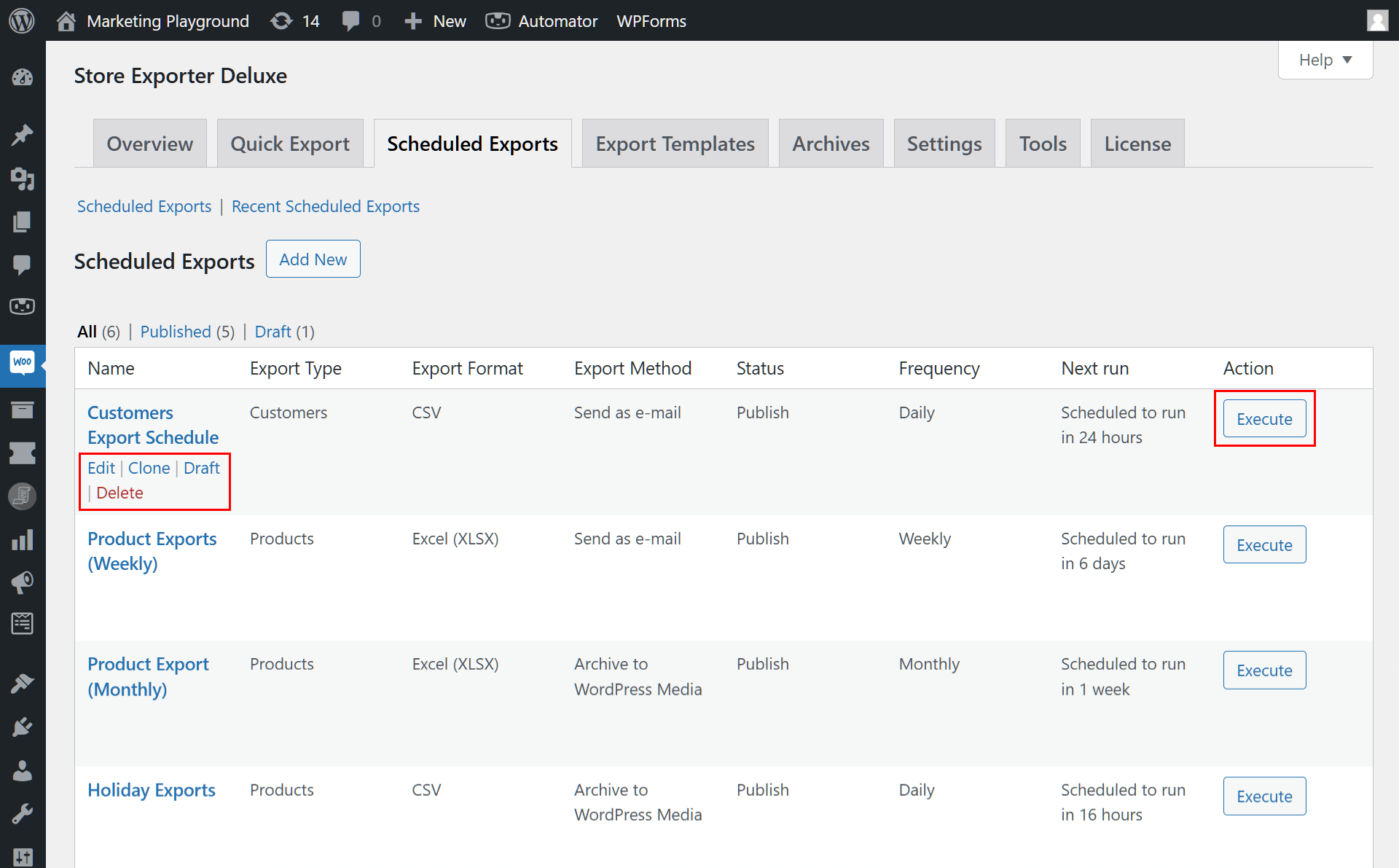 Store Exporter Deluxe's Scheduled Exports page in the WordPress dashboard, showing a table of export schedules with options to edit, clone, unpublish, delete, or execute exports.