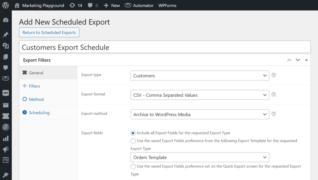 Store Exporter's Add New Scheduled Export page, with a focus on the General tab, which comes complete with details about the export schedule