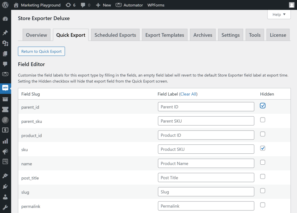 Store Exporter Deluxe's Field Editor, which comes with a list of fields which can be hidden by ticking their checkboxes, and a "Return to Quick Export" button