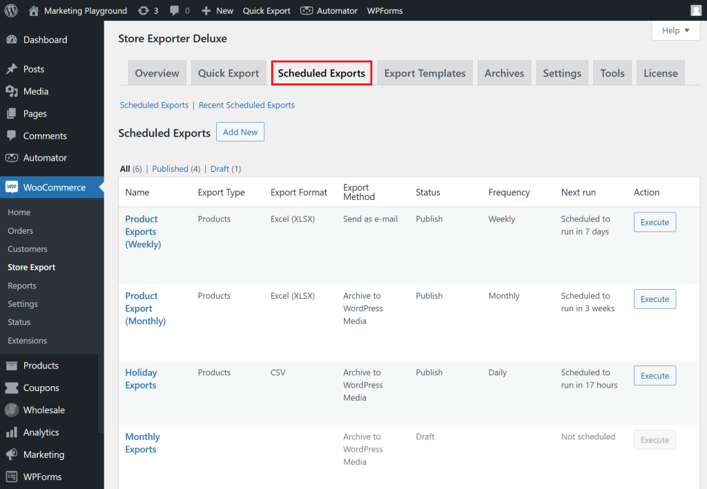 The WordPress dashboard, showing Store Exporter Deluxe's Scheduled Exports tab highlighted and a table of scheduled export tasks