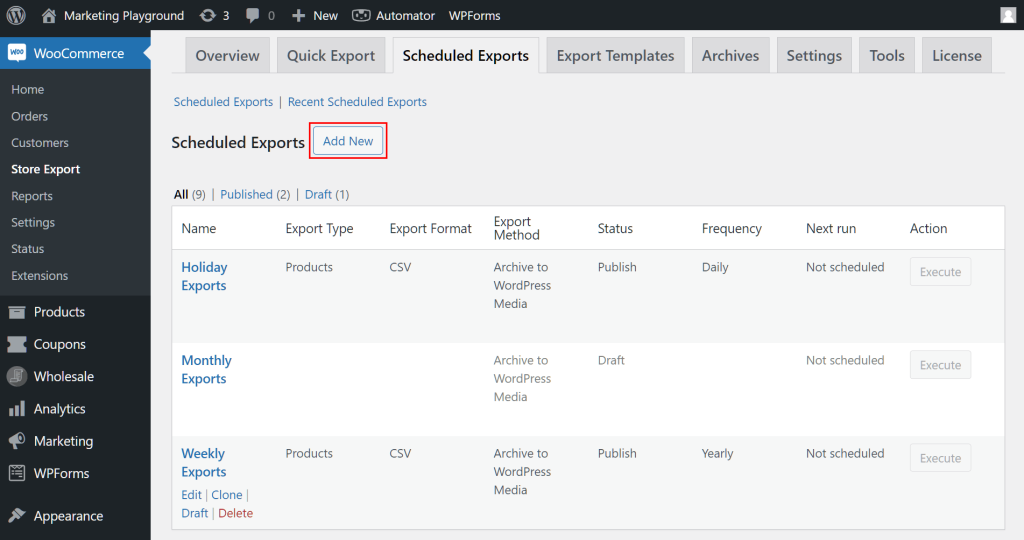 The WordPress dashboard, showing Store Exporter Deluxe's Scheduled Exports page, complete with a table of export schedules and the "Add New" button highlighted