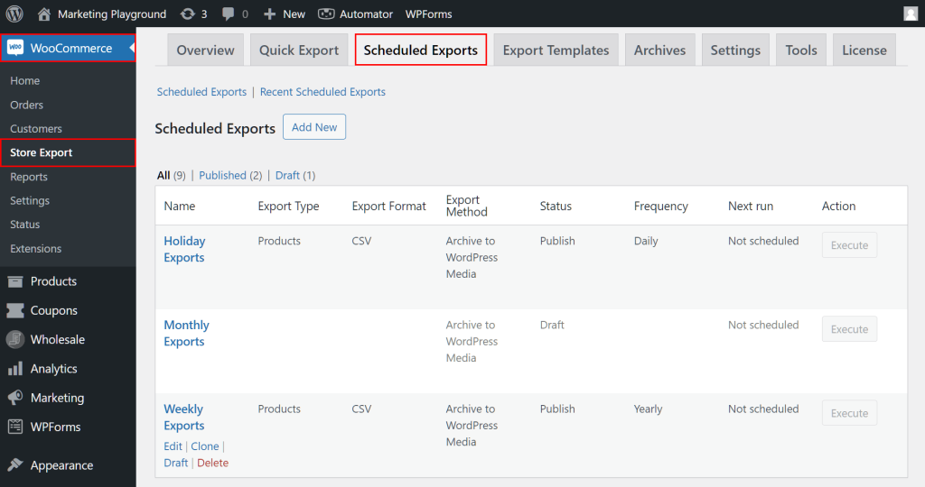 The WordPress dashboard, showing the path from the WooCommerce panel to the Store Exporter panel as well as Store Exporter Deluxe's Scheduled Exports tab highlighted and a table of scheduled export tasks