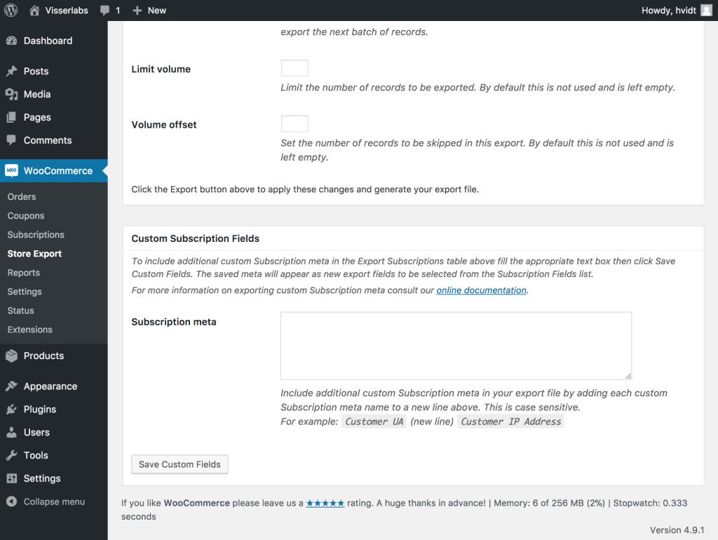 The Custom Subscription Fields section, with text explaining how to create custom subscription fields