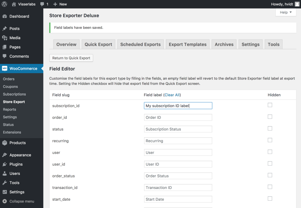 The Field Editor page, showing numerous fields that can be customized and empty checkboxes