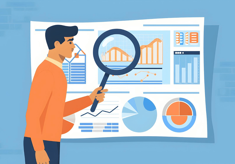 A man using a giant magnifying glass to inspect a sales trends analysis chart