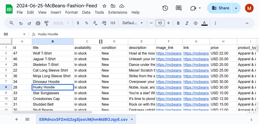 A Google Sheets document containing a range of information on the fashion products offered by a store named McBeans Fashion