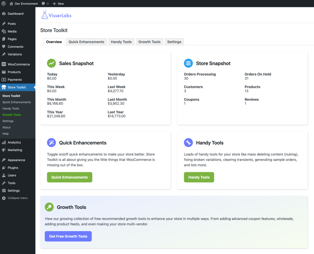 The sleek redesign of Visser Labs' Store Toolkit backend, featuring green and violet buttons, five tabs, a clean layout, and a display of enhance WooCommerce tools