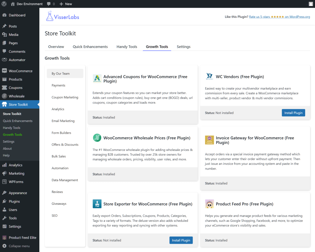 Visser Labs' Store Toolkit backend, particularly the Growth Tools section, features numerous WooCommerce tools organized into various panels