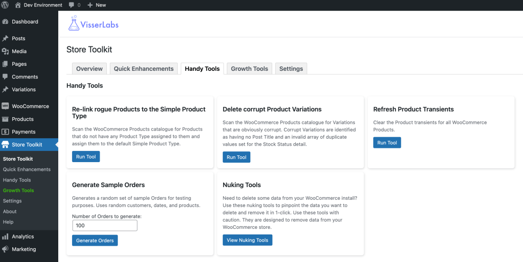 The sleek redesign of Visser Labs' Store Toolkit backend, with a focus on the Handy Tools section and its various tools