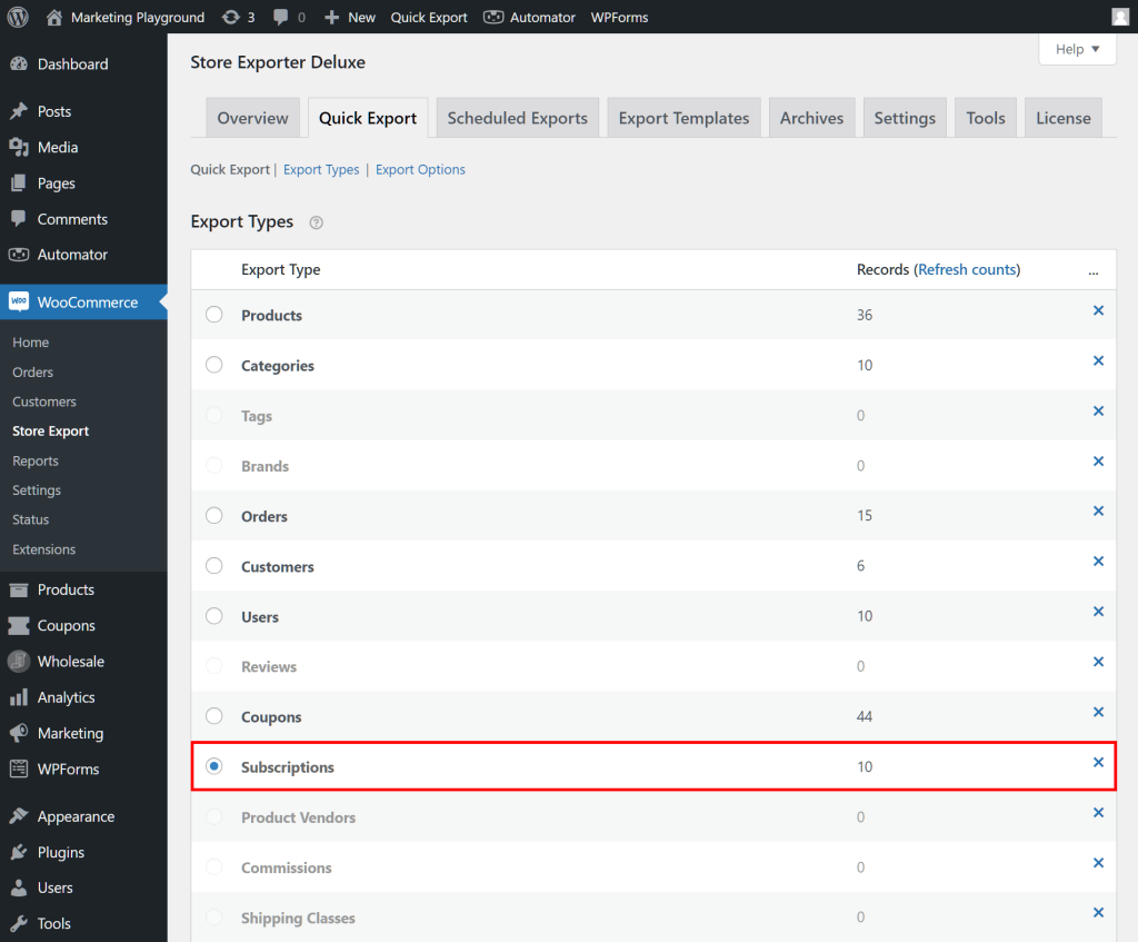 The WordPress dashboard, showing Store Exporter Deluxe's Quick Export section, which contains a list of Export Types, including "Subscriptions" highlighted in red