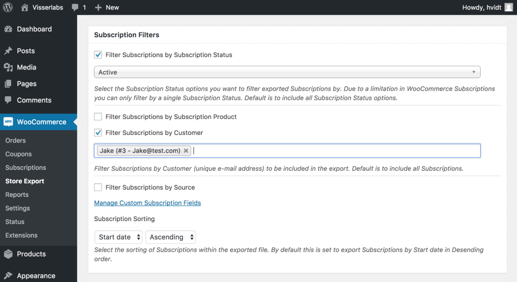 The Subscription Filters section, showing numerous filters being selected