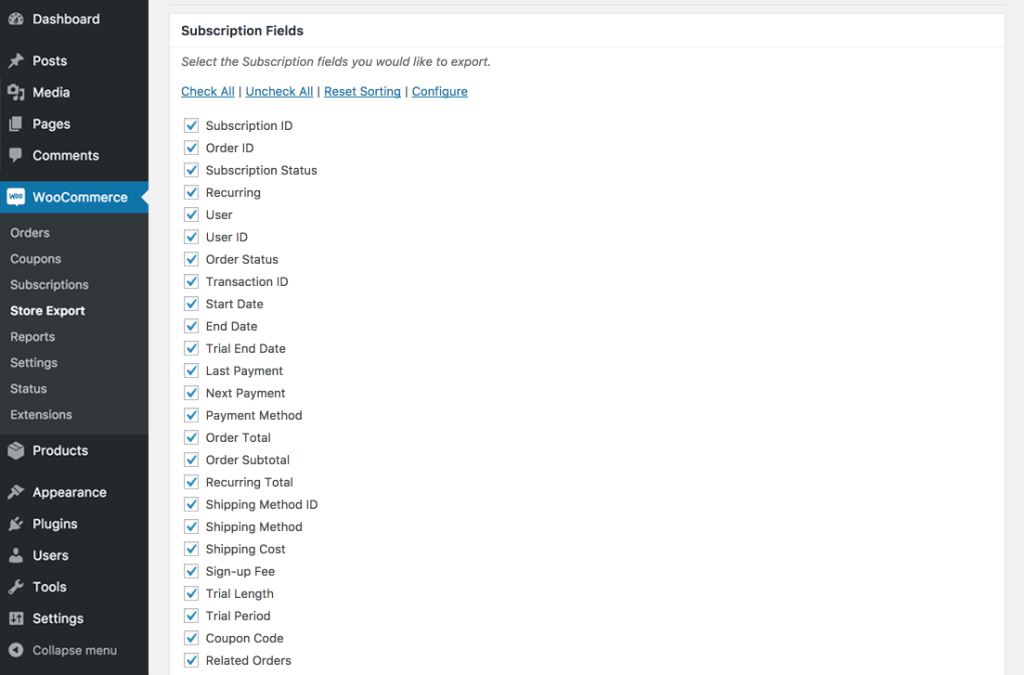 The Subscription Fields section, showing numerous subscription fields with their checkboxes ticked