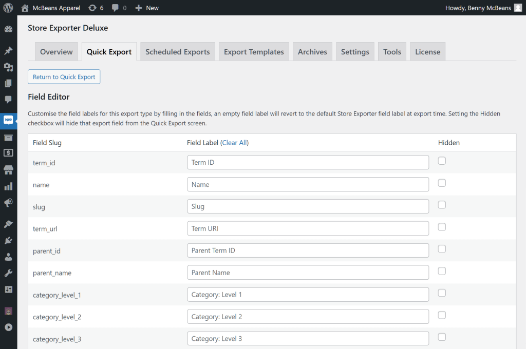 Store Exporter Deluxe's Field Editor, which comes with a list of fields which can be hidden by ticking their checkboxes, and a "Return to Quick Export" button