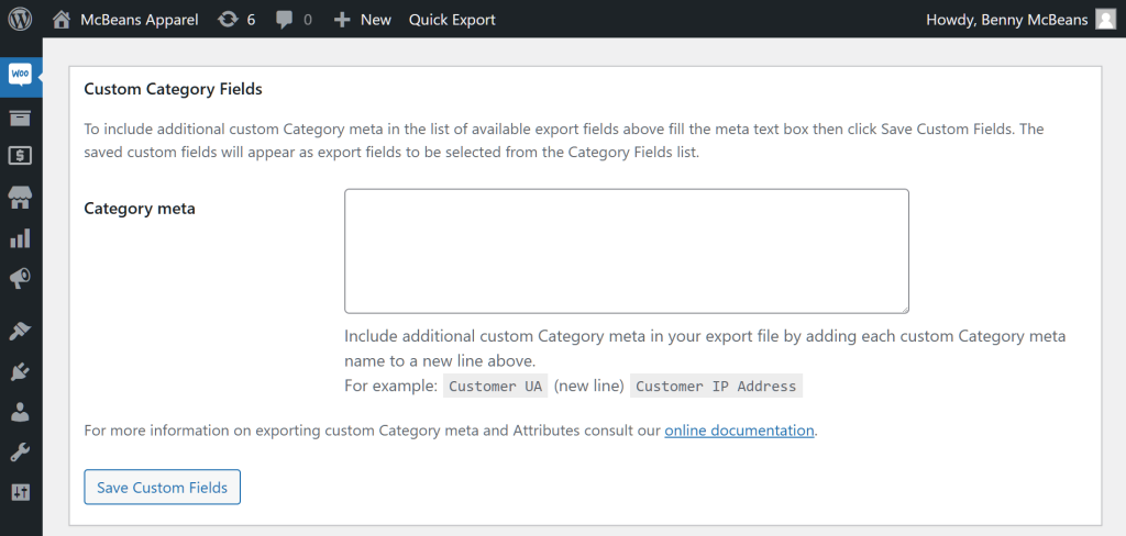 The WordPress dashboard, showing Store Exporter Deluxe's Custom Category Fields section, which comes with detailed instructions, a "Custom Category attribute" text box, and a "Save Custom Fields" button