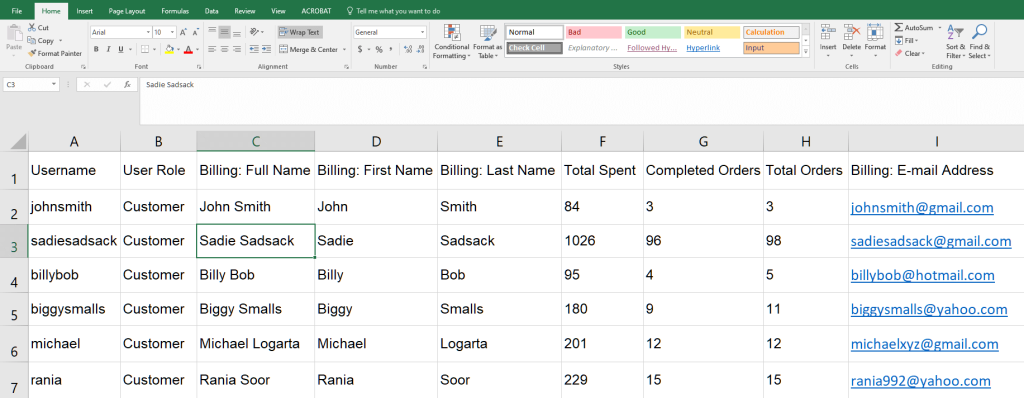 An Excel spreadsheet showing a list of customers and their details, including their usernames, user roles, billing full names, billing first and last names, total spent, number of completed orders, total orders, and billing email addresses