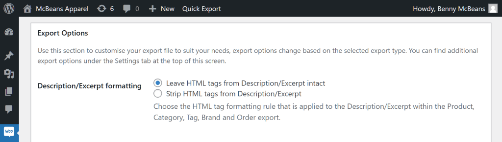 Export options, including   the option to select the HTML tag formatting rule that will be applied to the "Description" or "Excerpt" fields during exports