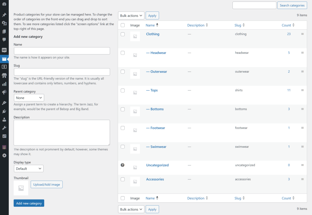 The WordPress dashboard, with a list of WooCommerce product categories revealed