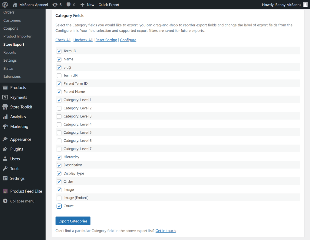 The Category Fields section, showing numerous categories fields with their checkboxes ticked