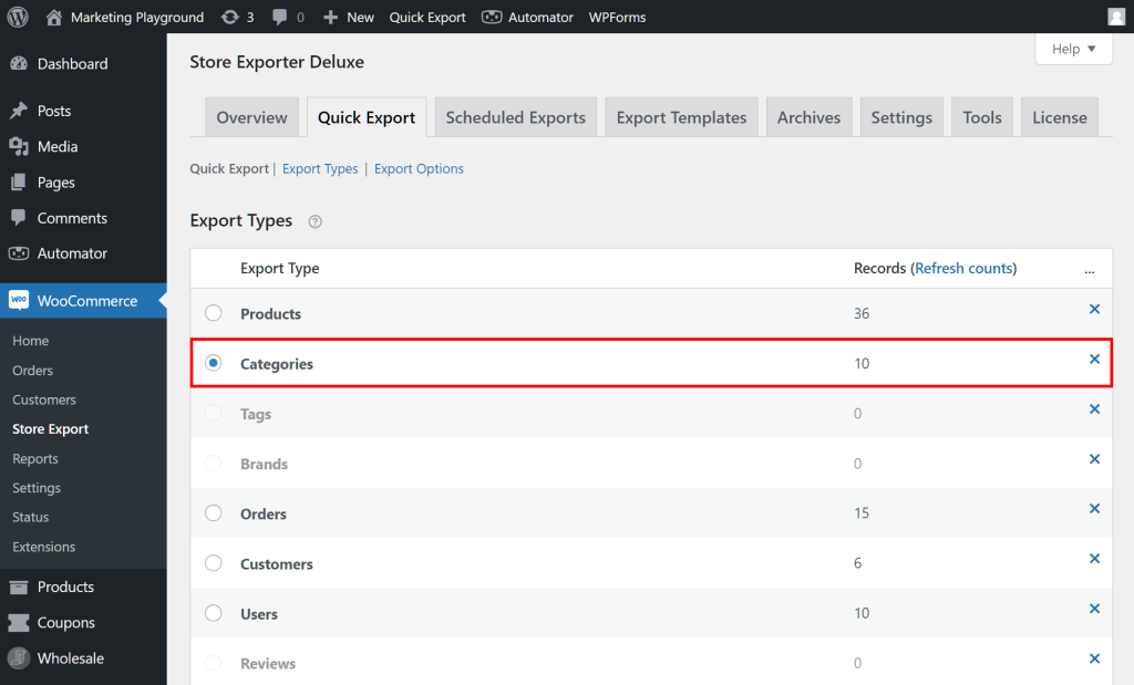 The WordPress dashboard, showing Store Exporter Deluxe's Quick Export section, which contains a list of Export Types, including "Categories" highlighted in red