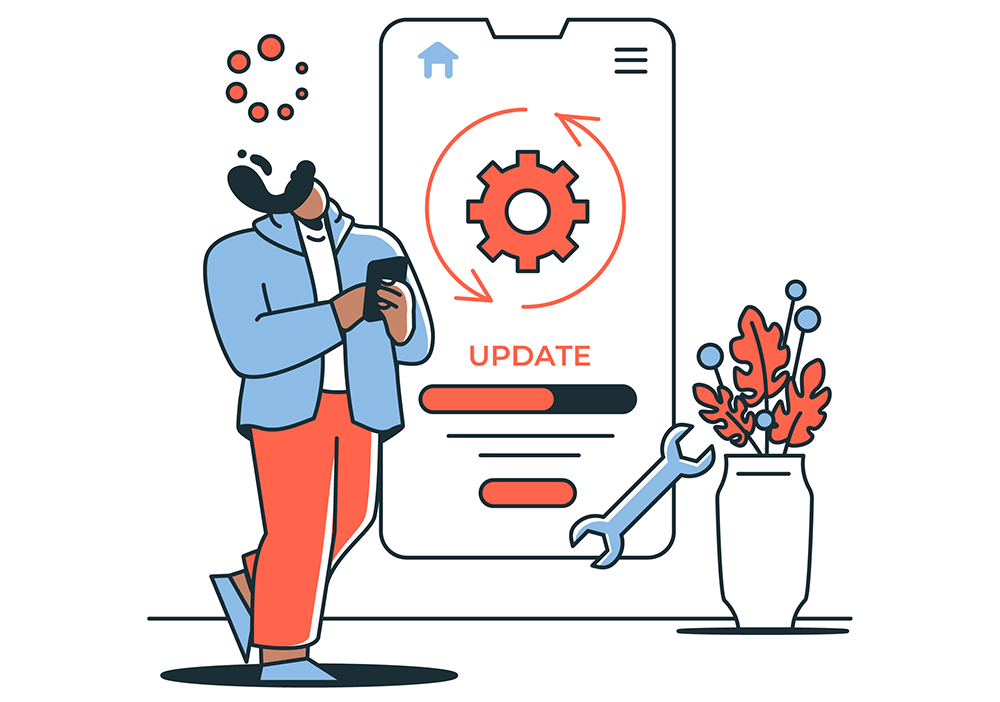 Updating software, represented by a giant smartphone containing a turning gear