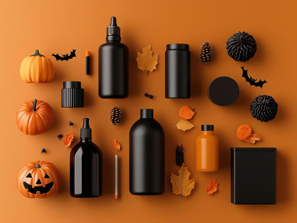 Halloween products, including pumpkins, tumblers, toy ants, and toy bats