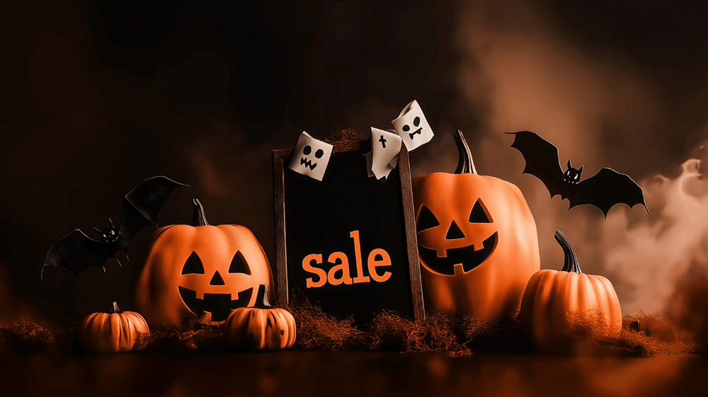 Three creepy pumpkins, ghosts, bats, and a board with the world "Sale" on it