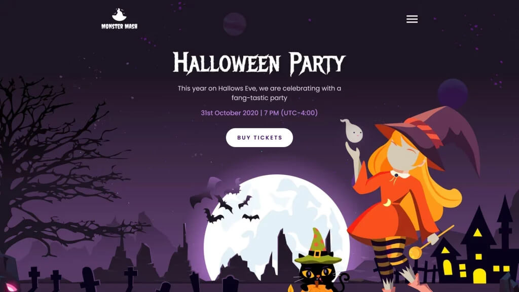 A Halloween-themed website landing page, featuring a witch in orange, a black cat with a green hat, a haunted house, withered trees, a graveyard, bats, and a large moon