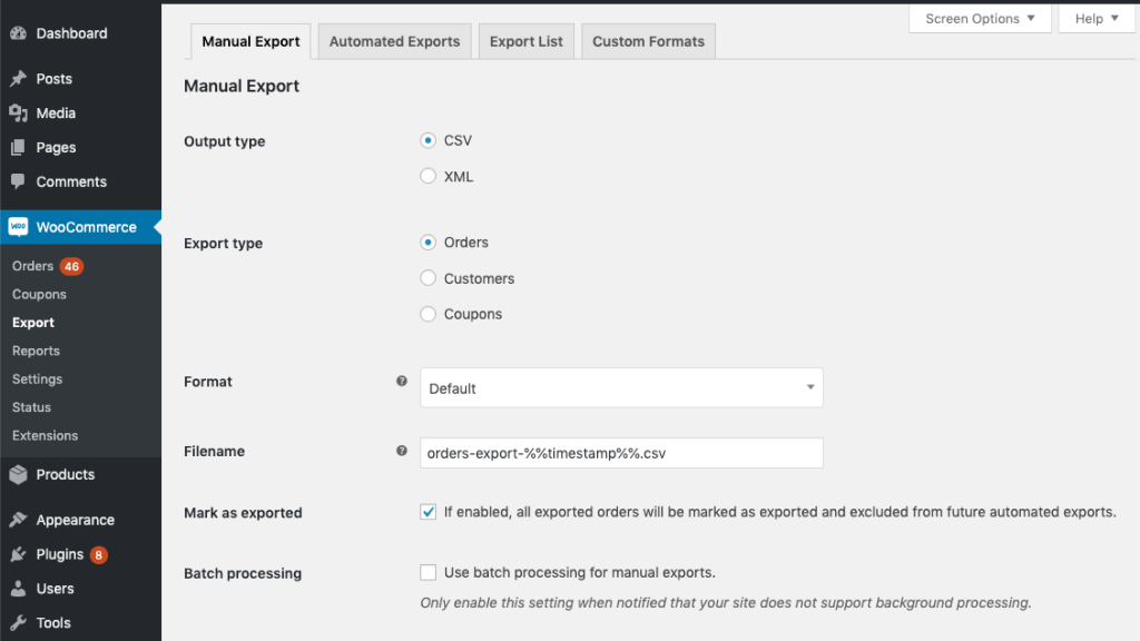 WooCommerce export manual settings
