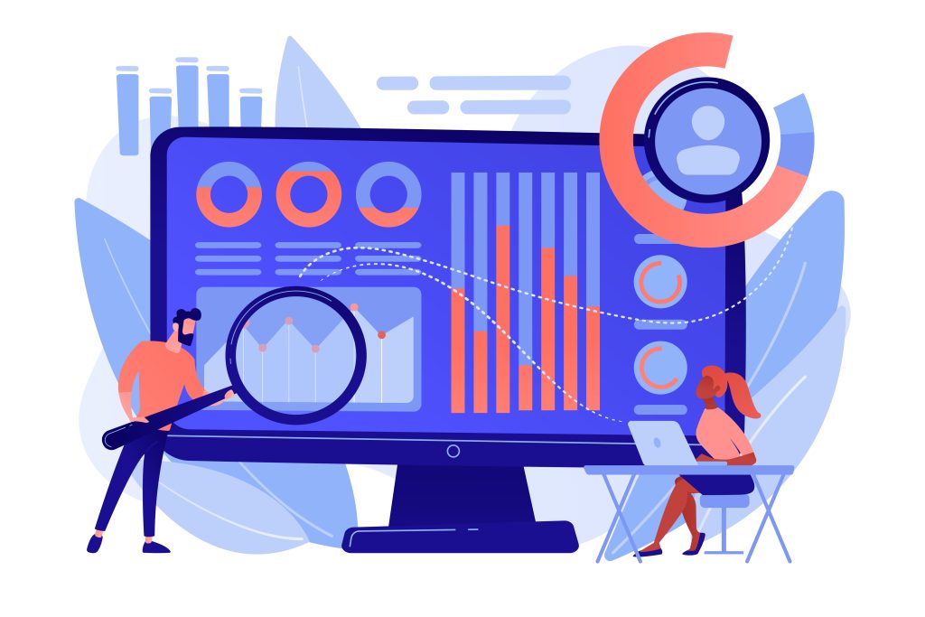 Data analytics dashboard displaying various charts, graphs, and reports, with two people analyzing data