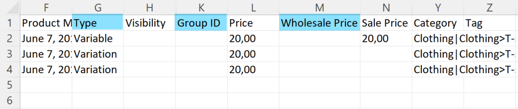 Product Importer Deluxe CSV template for variable products