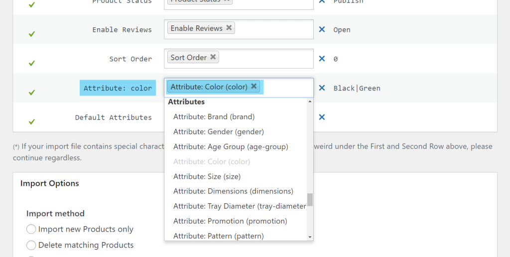 Product Importer Deluxe field mapping interface with dropdowns