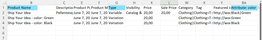 WooCommerce variable product CSV template example for import