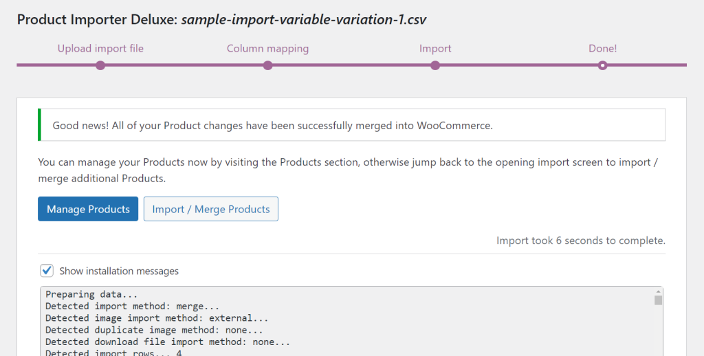 Product Importer Deluxe successful variable product import confirmation