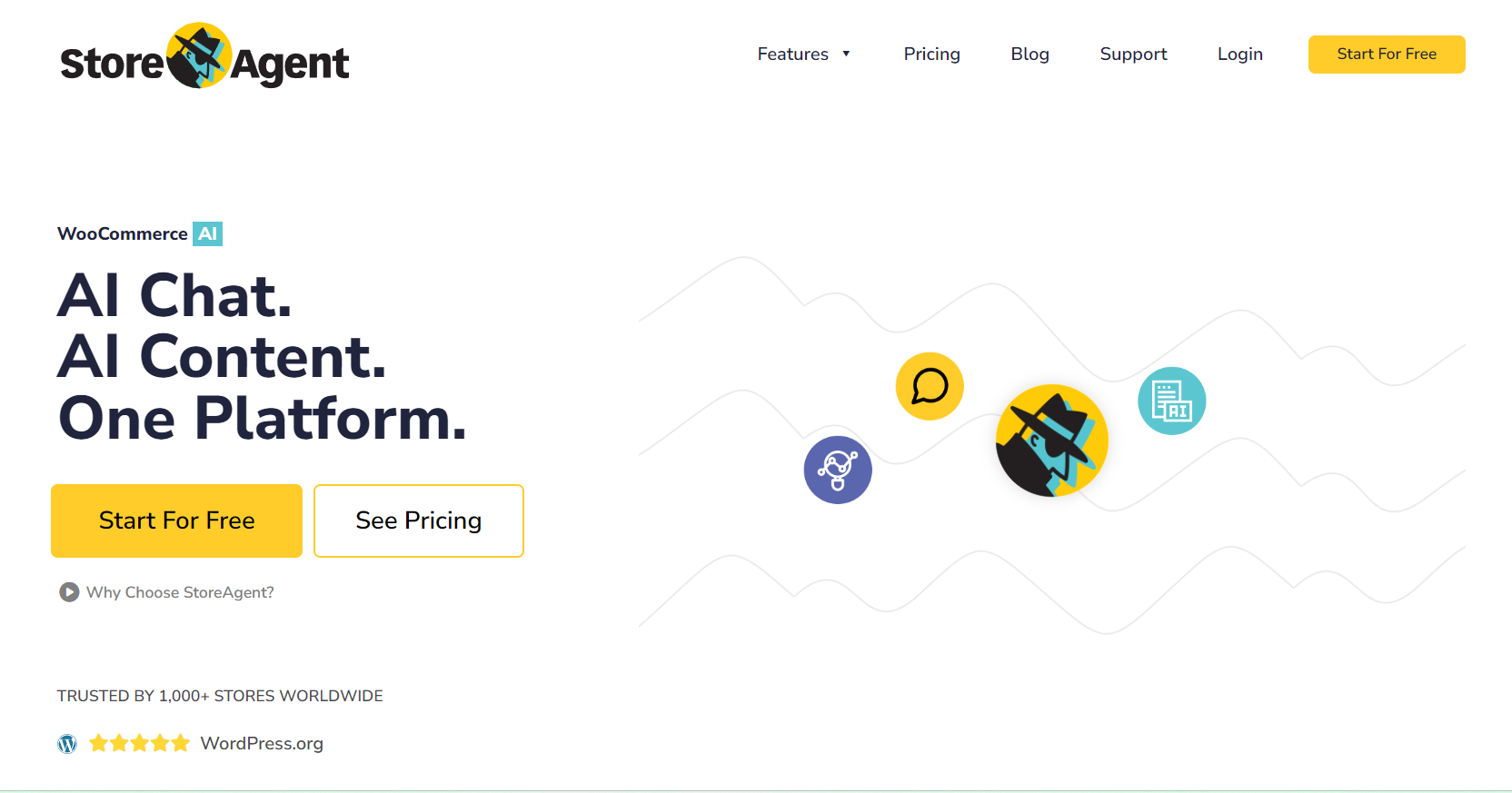 StoreAgent homepage highlighting Chat and Content features
