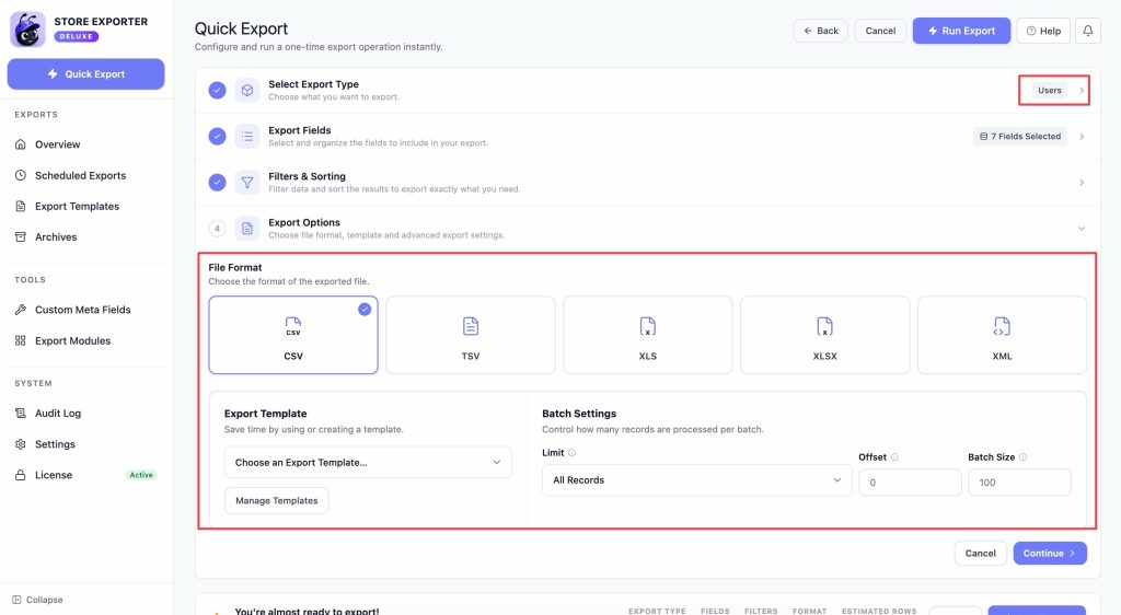 The Export Options step showing the File Format tiles, Export Template selector, Limit, Offset, and Batch Size fields - Visser Labs The Export Options step showing the File Format tiles, Export Template selector, Limit, Offset, and Batch Size fields