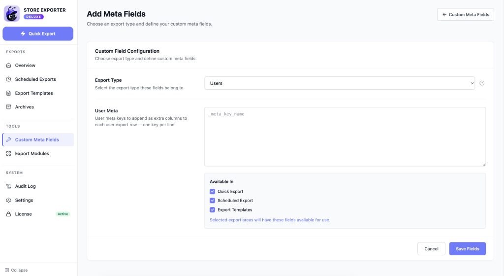 The Custom Meta Fields screen for the Users export type, showing the meta key textarea and Save Fields button - Visser Labs The Custom Meta Fields screen for the Users export type, showing the meta key textarea and Save Fields button