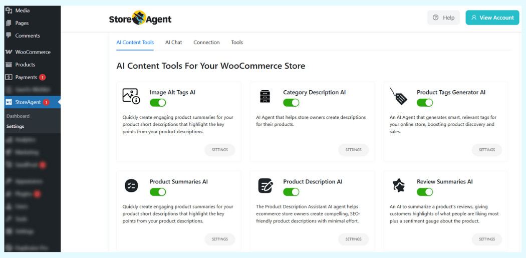 Dashboard view of StoreAgent’s AI Content Tools for WooCommerce, showing AI agents for alt tags, category descriptions, product tags, product summaries, product descriptions, and review summaries.