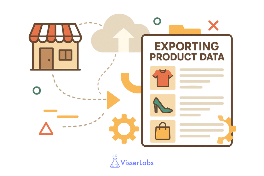 exporting product data with images - Visser Labs WooCommerce storefront connected to a cloud upload and product data export document, showing items like a shirt, high heel, and handbag