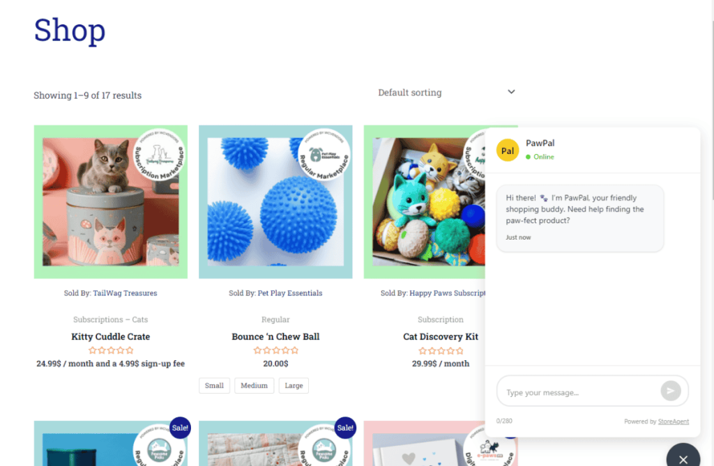 storeagent ai chat in woocommerce stores - Visser Labs WooCommerce shop page with products and StoreAgent’s AI chat widget, where a bot named PawPal is greeting the customer and offering shopping assistance.