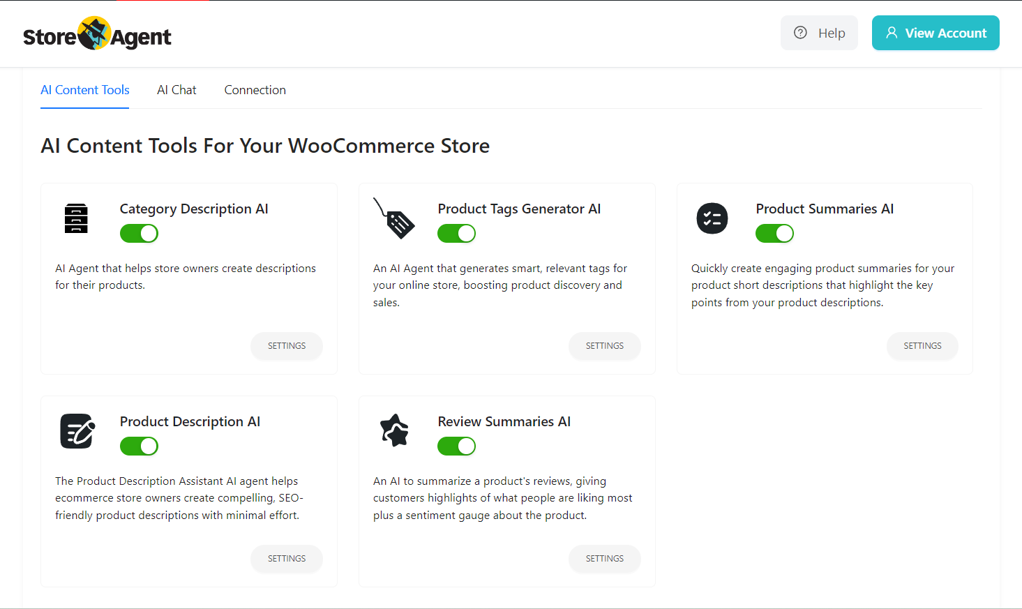 storeagent content - Visser Labs Dashboard view of StoreAgent’s AI Content Tools for WooCommerce, showing AI agents for category descriptions, product tags, product summaries, product descriptions, and review summaries.