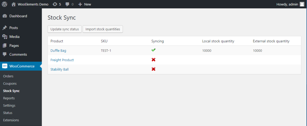 Stock Sync-visser labs - Visser Labs WooCommerce Stock Sync plugin interface with product syncing status and stock quantities