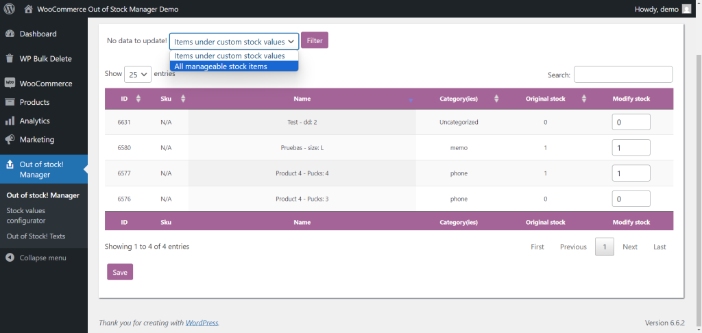 WooCommerce Out of Stock Manager plugin-visser labs - Visser Labs WooCommerce Out of Stock! Manager plugin interface displaying low stock and out-of-stock items