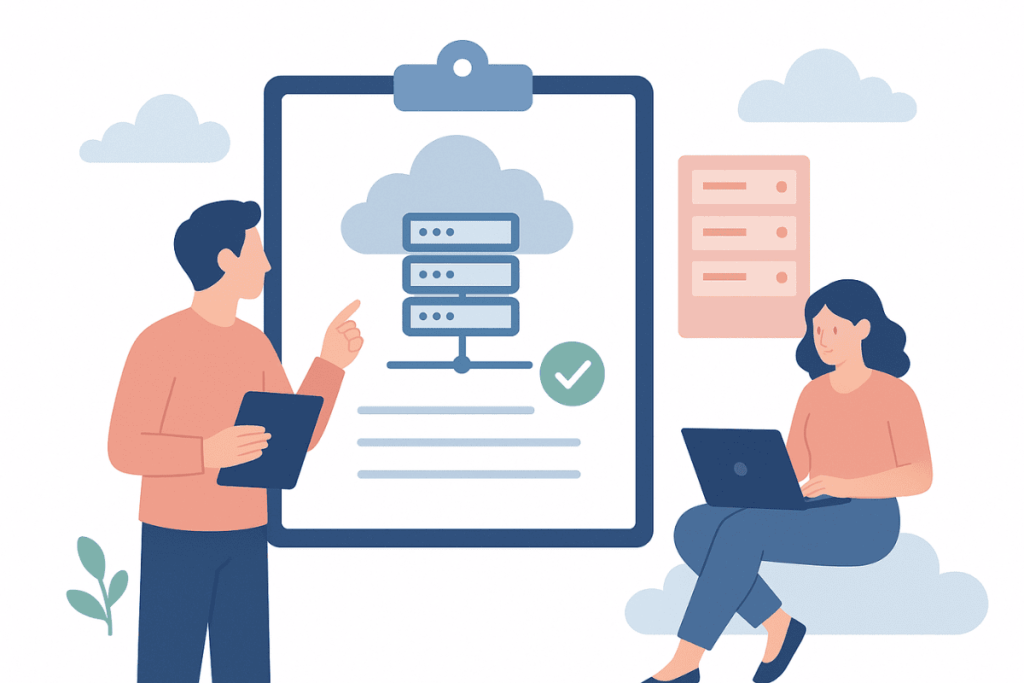 Choose the Right Hosting Provider-visserlabs - Visser Labs A man holding a clipboard as he looks and points at a giant clipboard while a woman sitting on a cloud uses her laptop