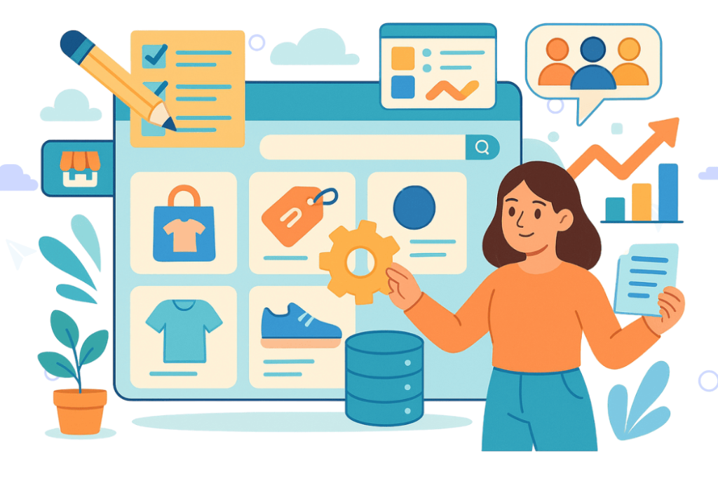 Improve Listings And Organize Product Data-visserlabs - Visser Labs illustration of a woman organizing WooCommerce product listings and managing variable product data