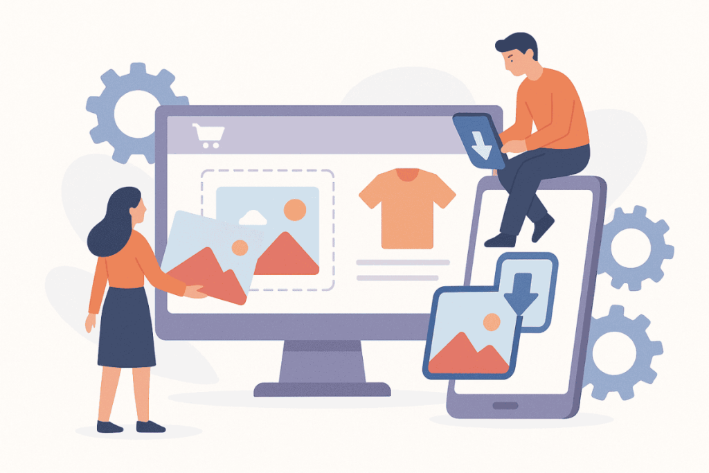 Optimize Your WooCommerce Stores Images-visserlabs - Visser Labs A woman grabbing an image from the screen of a giant pc monitor while a man holds an upside down arrow as he sits on a giant mobile phone